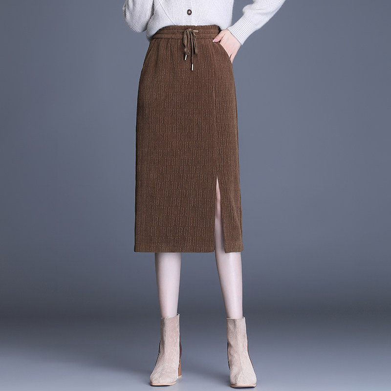 雪尼尔开叉筒裙一步裙女秋冬2021新款松紧腰显瘦中长包臀半身裙子