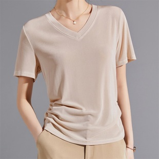 醋酸短袖V领t恤女2024白色夏季新款缎面垂感设计感高级薄款上衣女