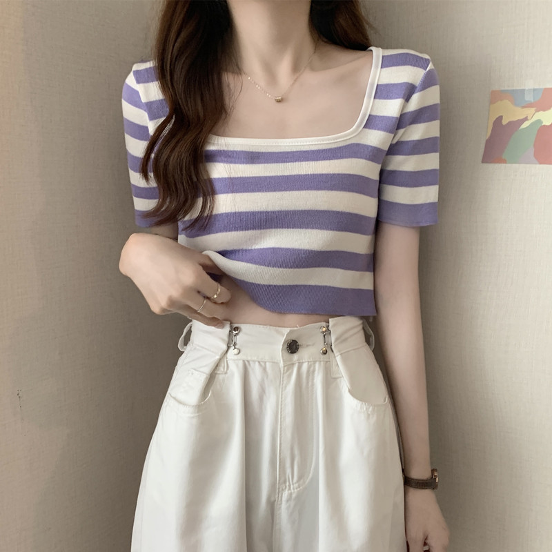 冰丝针织衫女短袖薄款条纹法式方领设计感小众短款露脐t恤上衣服