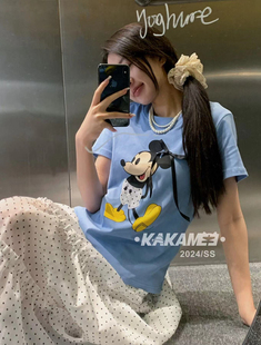 KAKAMEE夏季新款设计感立体蝴蝶结喷图米奇弹力小T短袖T恤女