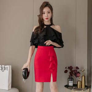 高腰前开叉包裙紧身性感包臀一步裙时尚优雅裹裙夏天贴身半身裙夏