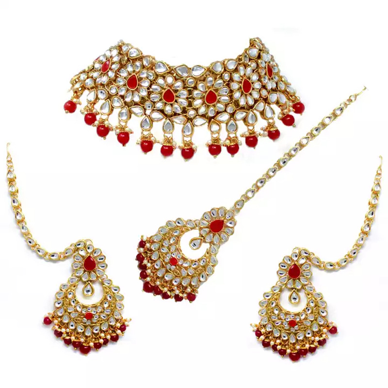 【大何印度珠宝】合金材质 昆丹镶嵌红宝石3件套项链 耳环 眉心坠