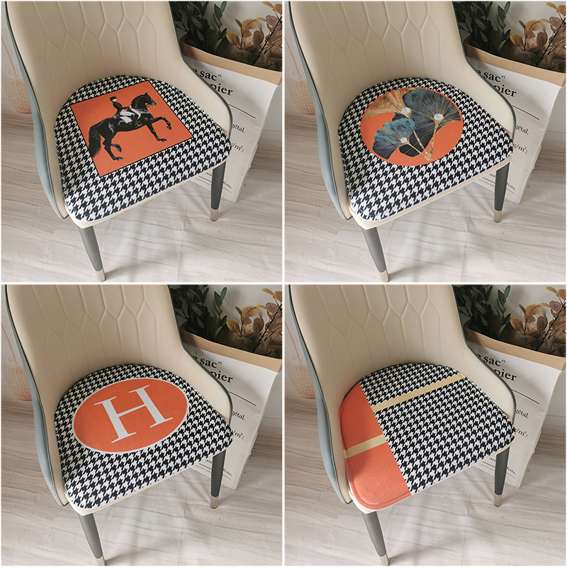 现代千鸟格马蹄形皮椅餐椅坐垫美式轻奢风橙色沙发菠萝椅垫有弧度
