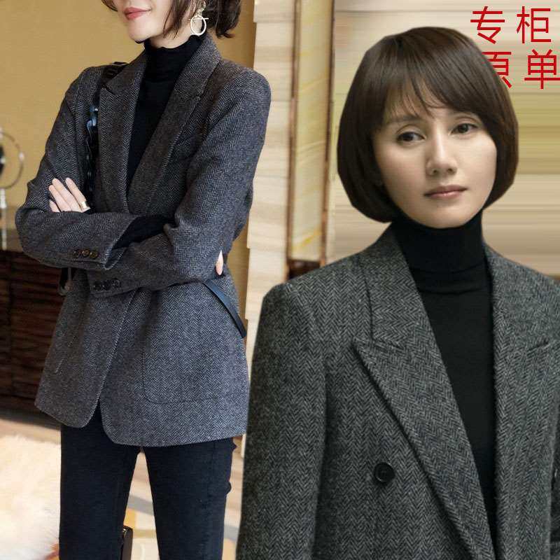 流金岁月袁泉唐晶同款赫本风小个子高端人字呢羊毛呢灰西装女外套