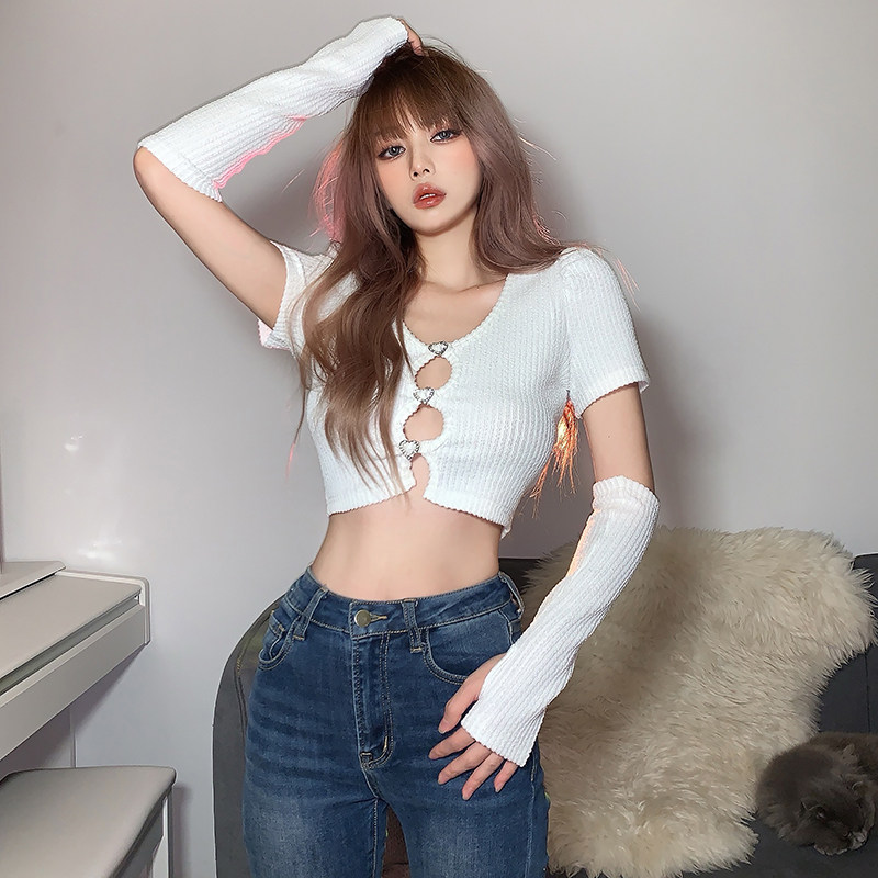 怪诞女孩女团辣妹风镂空拼接短上衣ins潮纯色百搭露脐短袖t恤女