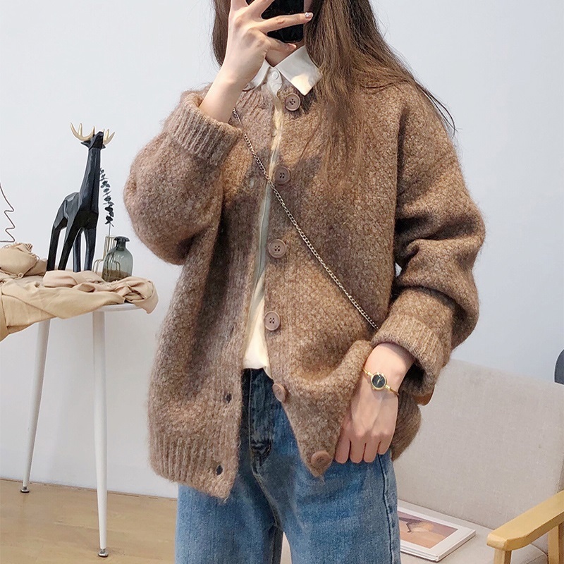 驼绒针织开衫女外穿秋冬加厚韩国复古百搭超仙宽松慵懒毛衣外套潮