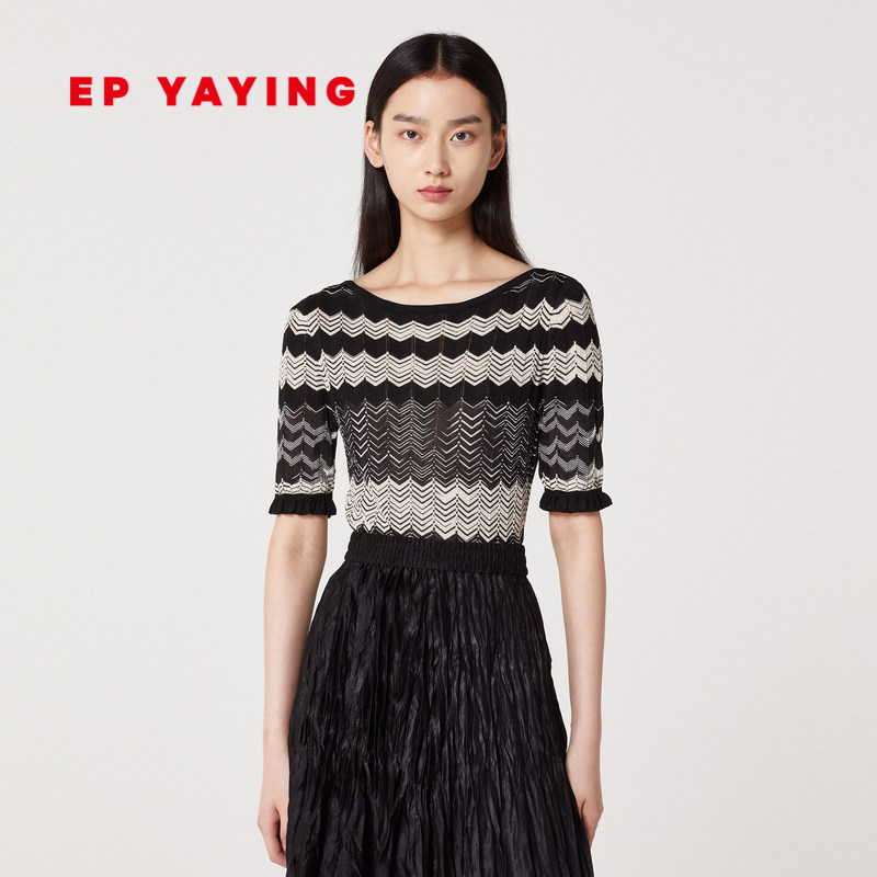 epyaying雅莹女装收腰针织水波波纹中袖弹力小衫毛针织衫