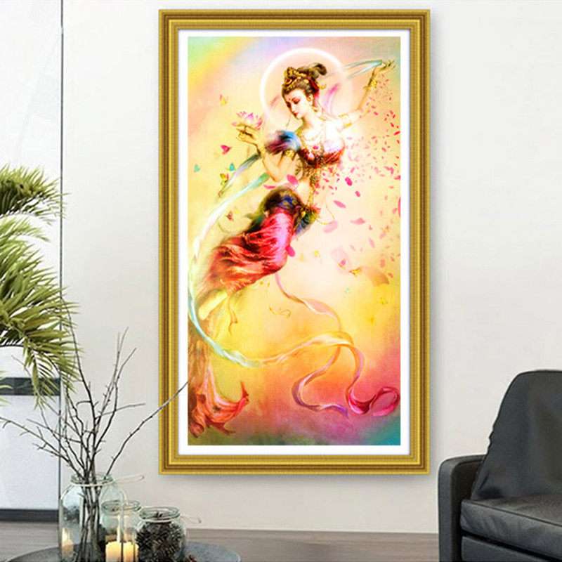 唯美敦煌飞天仙女图点钻十字绣古典美女钻石绣竖版玄关钻石画满钻