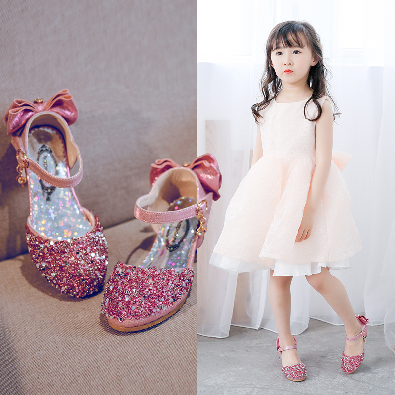 女童高跟公主凉鞋2019夏季新款时尚儿童水晶表演鞋小女孩亮片凉鞋