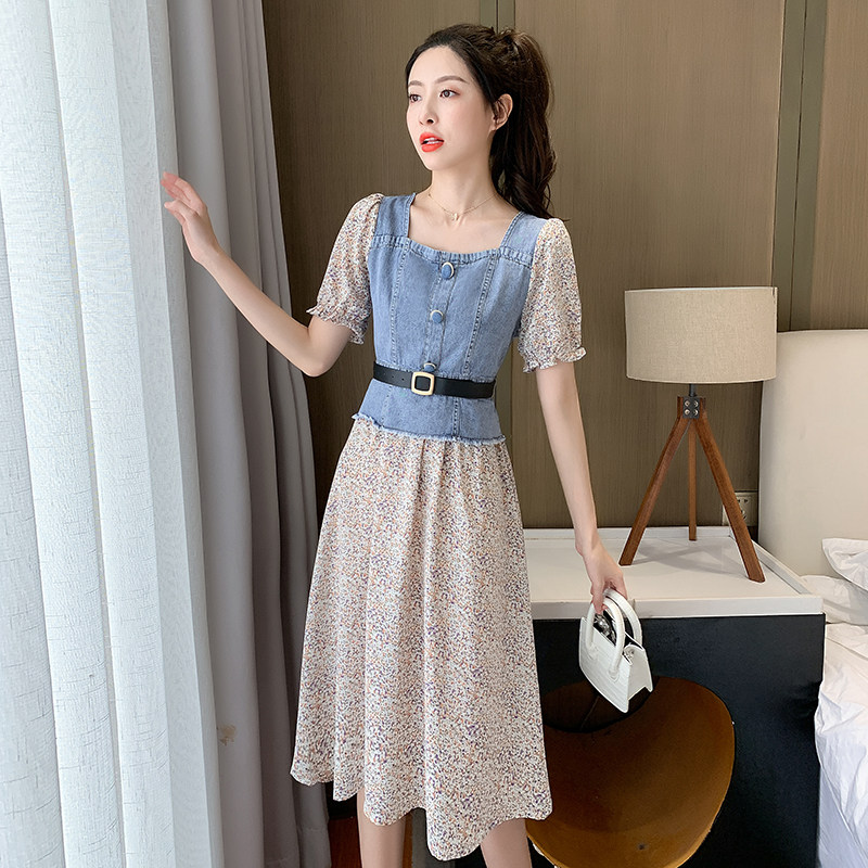 5985#法式小碎花连衣裙2021女夏牛仔拼接轻熟温柔风气质收腰显瘦