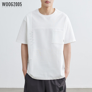 半袖体恤衫圆领短袖新款WOOG20052024夏季t恤休闲拼接肌理白色男