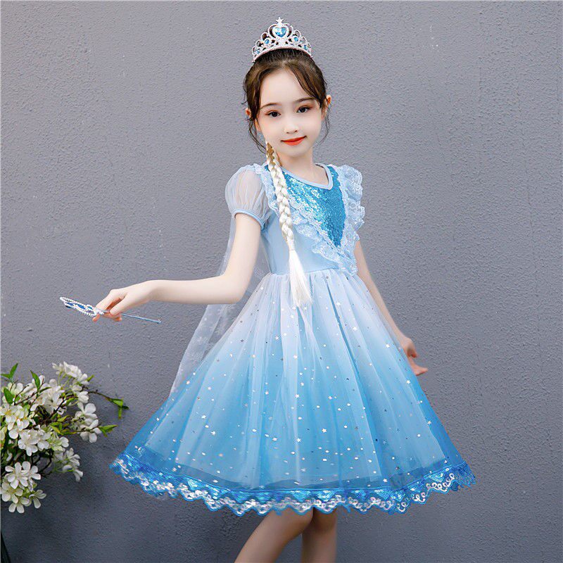 漂亮女孩连衣裙女童冰雪奇缘爱莎公主裙春夏生日礼服女孩儿童装艾