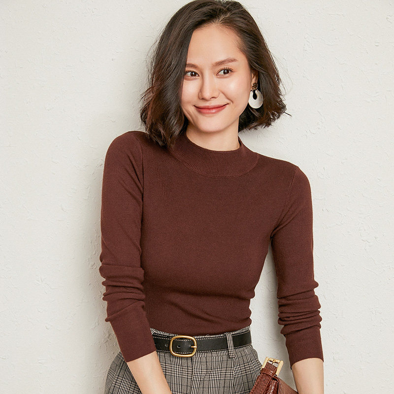 2020秋冬半高领针织衫女修身长袖中领薄款内搭打底衫丝光棉毛衣