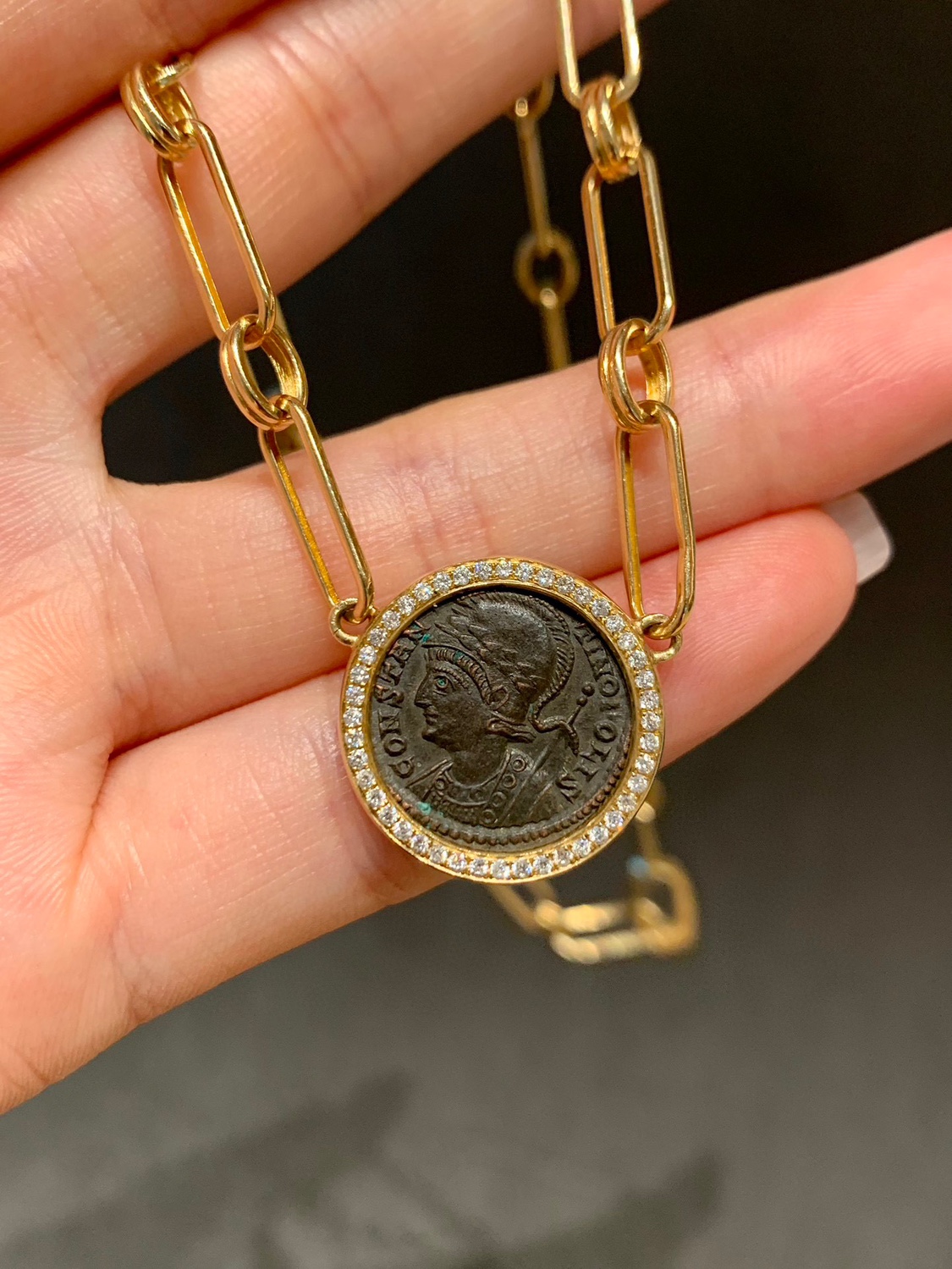 古罗马时期古罗马铜币罗马女神项链18k金古币项链款