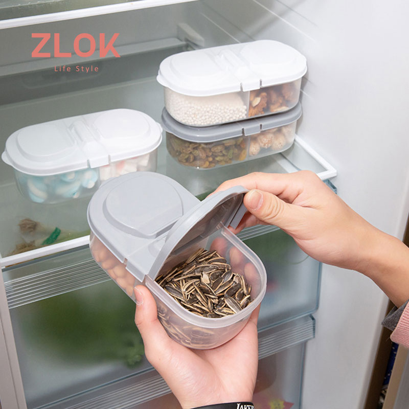 白色双格带盖密封罐透明多功能厨房食品保鲜收纳盒塑料可放冰箱