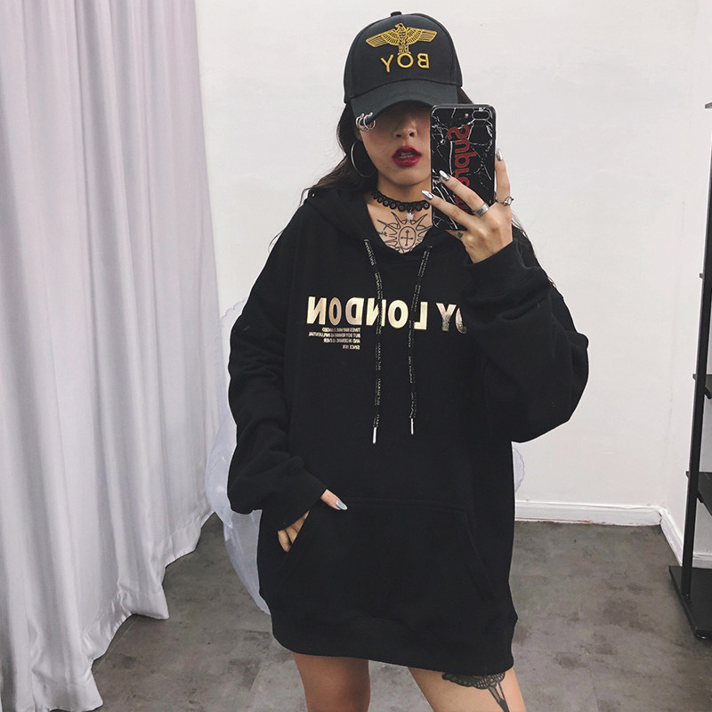 达菲家 2019秋新款boy烫金字母女装帽衫韩版潮牌宽松情侣连帽卫衣