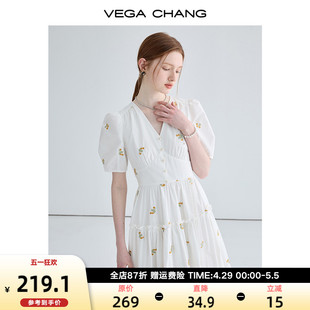 VEGA CHANG显瘦气质白色连衣裙女夏装2024年新款收腰法式桔梗裙子