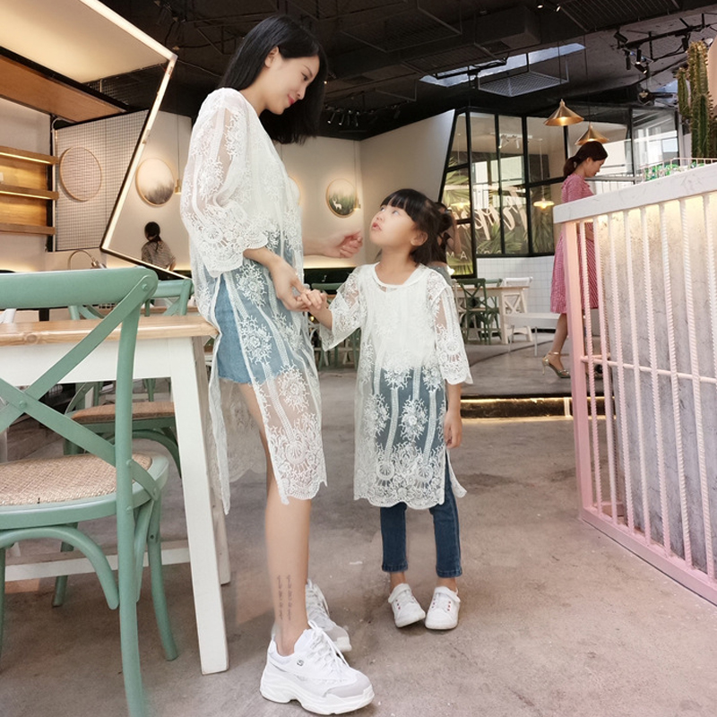 亲子装2023夏季新款潮 母女装洋气中长款气质韩版开衫裙蕾丝罩衫