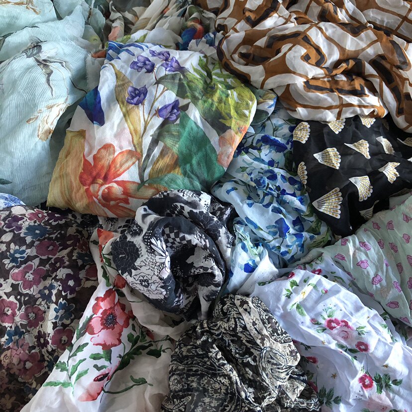 小蓝真丝大块印花顺纡纱100桑蚕丝零头布料飘逸褶皱面料silk丝绸