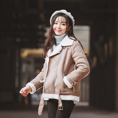 13良品冬季韩版仿皮毛一体加厚加绒外套女短款翻领麂皮绒机车夹克