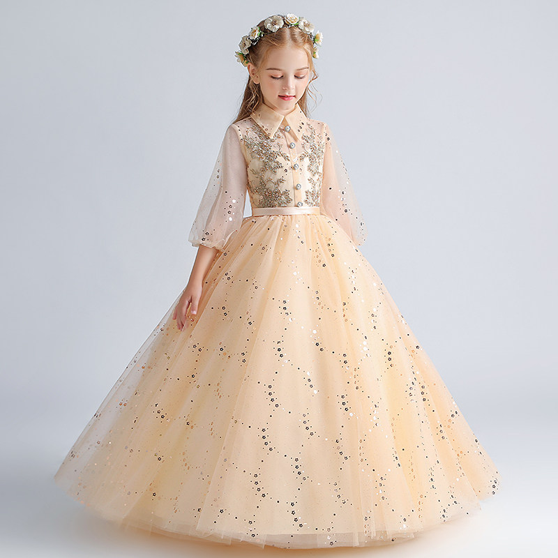 儿童礼服女童生日公主裙蓬蓬纱长袖秋冬新款小主持人钢琴演出服装