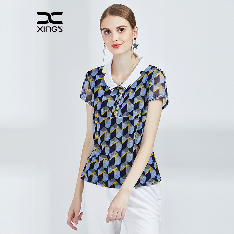 邢氏女装 2019新款大码网纱丅恤女短袖夏季妈妈修身显瘦翻领上衣