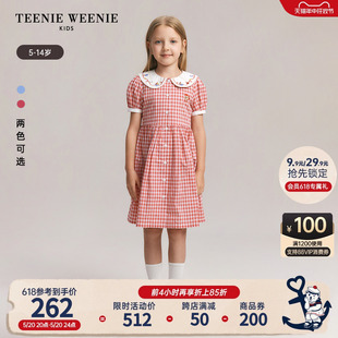 TeenieWeenie Kids小熊童装24年夏季新款女童纯棉翻领格纹连衣裙