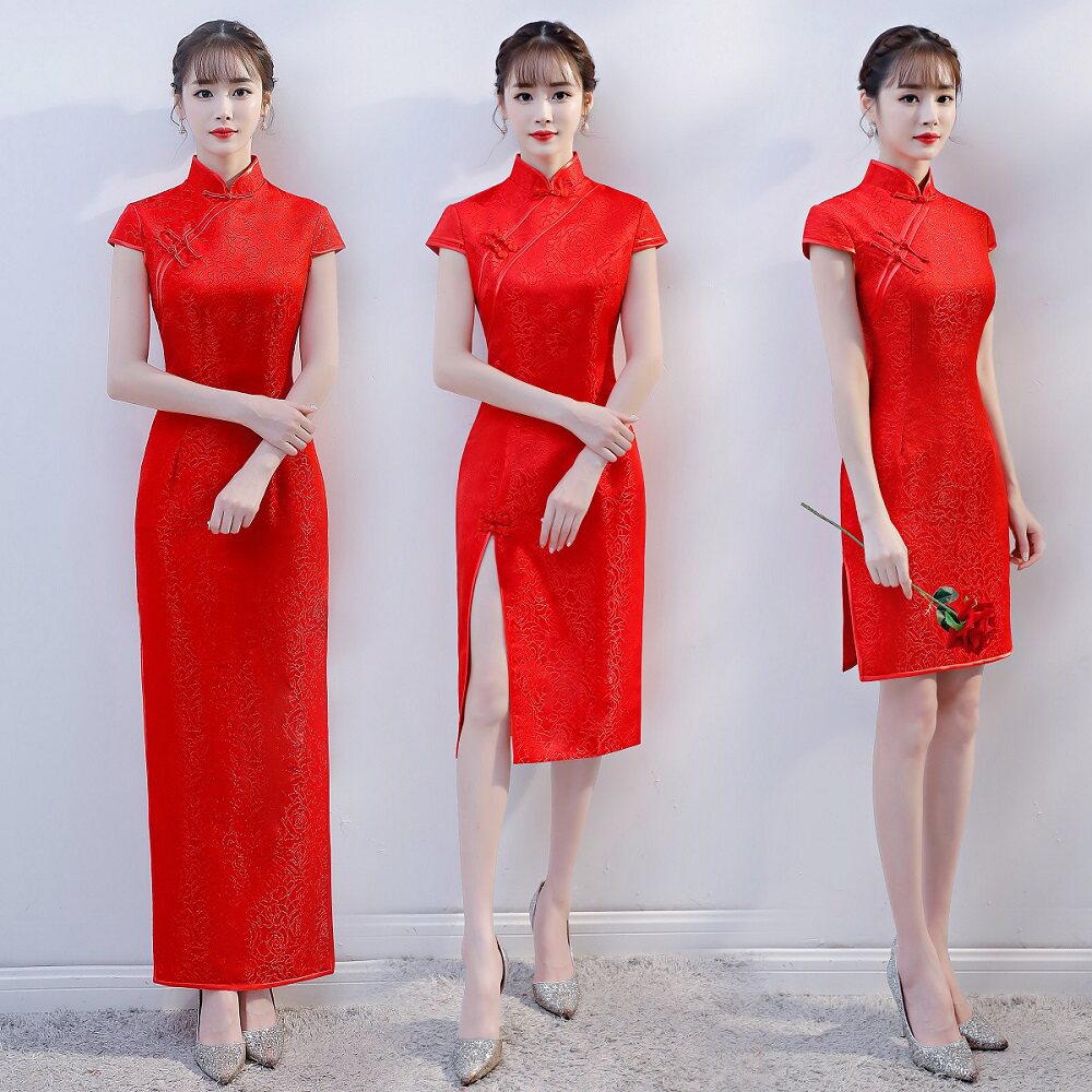 迎宾服装女礼仪旗袍小姐服长款短款中国风演出礼服婚庆宴会红色夏