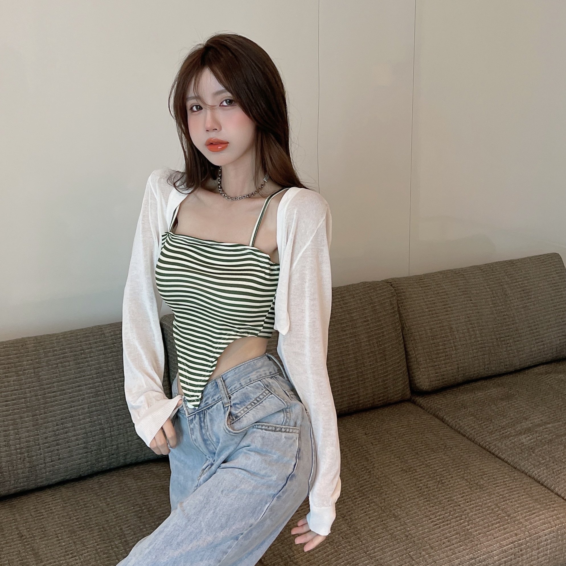 实价实拍 小众设计感外穿吊带纯欲风短款外搭罩衫辣妹上衣