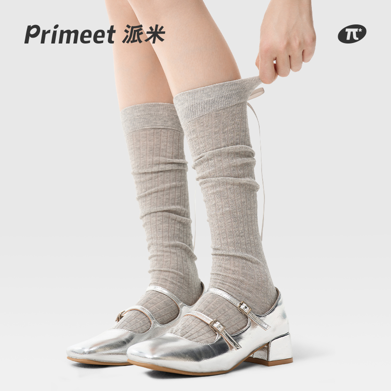 PRIMEET/派米灰色小腿袜女夏季蝴蝶结袜子日系甜美堆堆袜春秋长袜