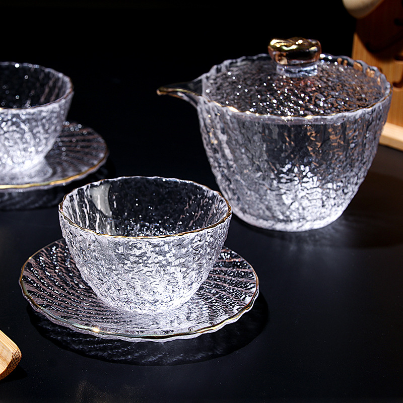 日式冰纹金边茶具套装家用玻璃透明盖