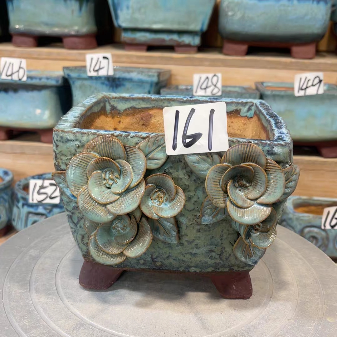 青铜粗陶立体花方口多肉花盆，161号内口13.8×11.5，高12.5