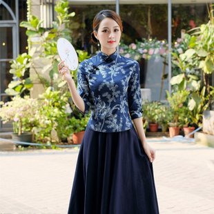 中式中国风改良版唐装女士新款古韵青花质感优雅旗袍上衣套装