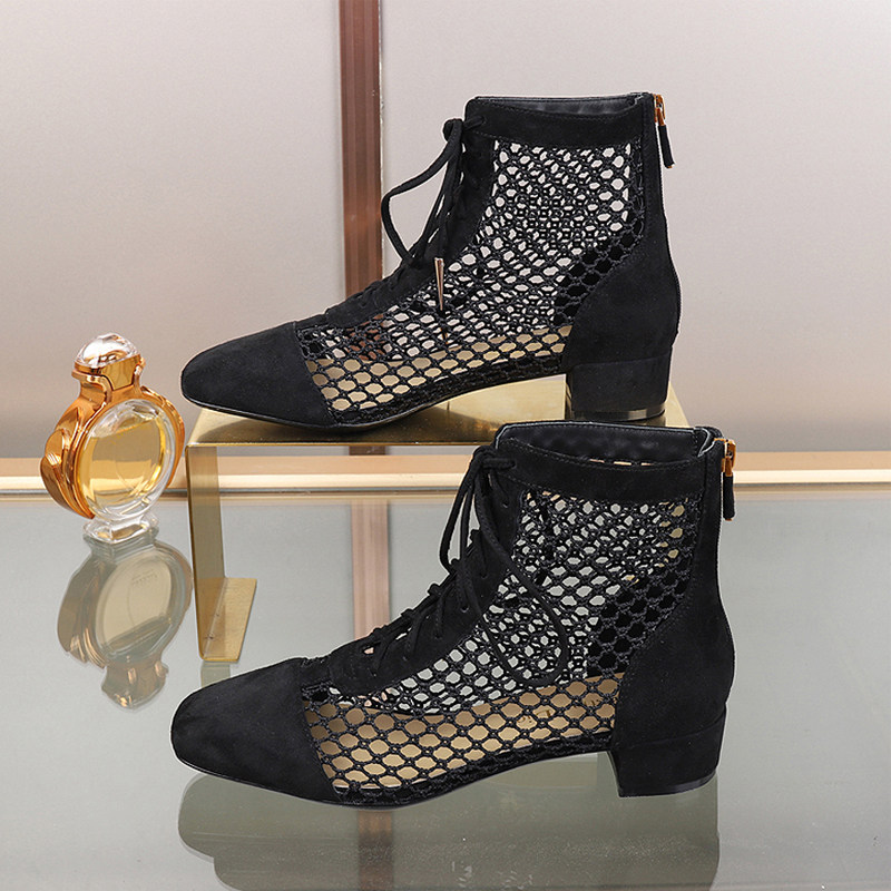 dior短靴2017代购_千娇迪奥短靴罗马凉靴女粗跟网纱凉鞋性感镂空靴子