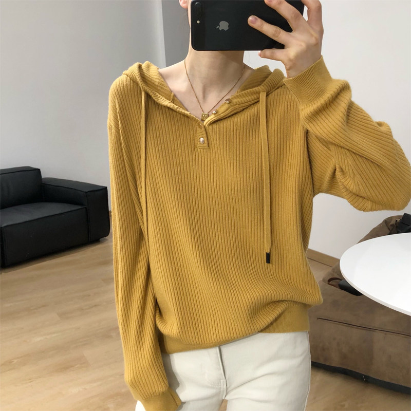 韩版休闲肌理坑条显瘦抽绳连帽套头针织衫卫衣薄款毛线外套女春新