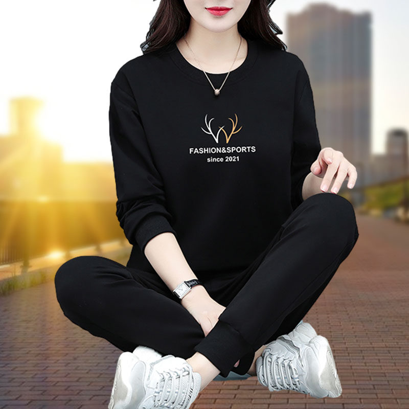 卫衣套装女2021春秋新款时尚显瘦加绒运动服潮长袖圆领休闲两件套