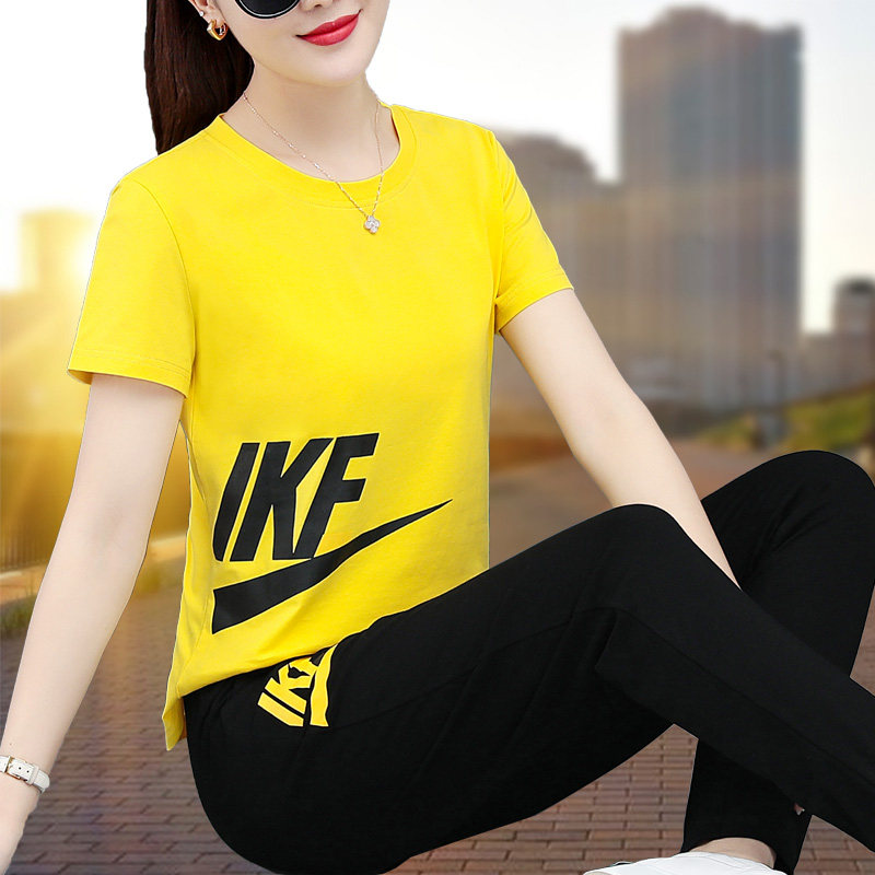 休闲运动套装女夏2021新款韩版宽松夏装时尚气质纯棉跑步服两件套