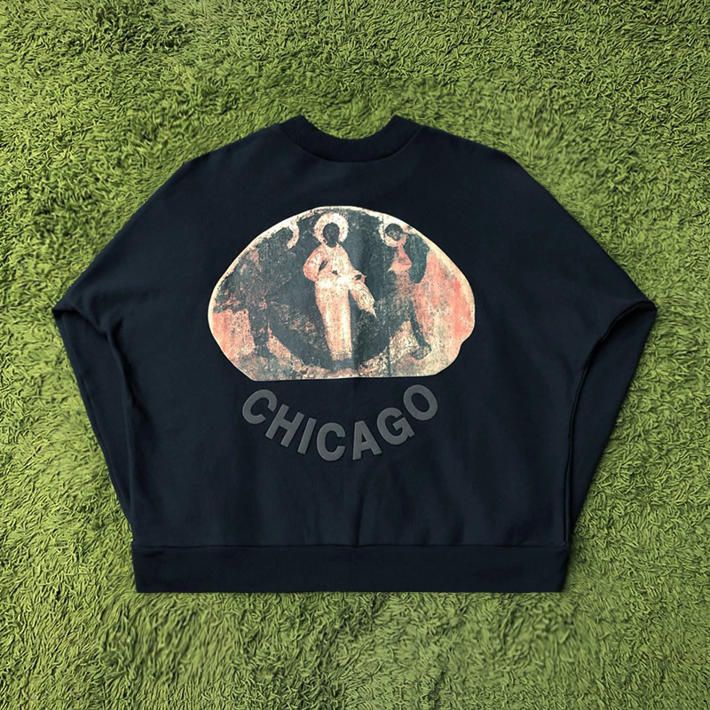 Kanye West Chicago芝加哥限定侃爷三神发泡油画印花潮牌套头卫衣