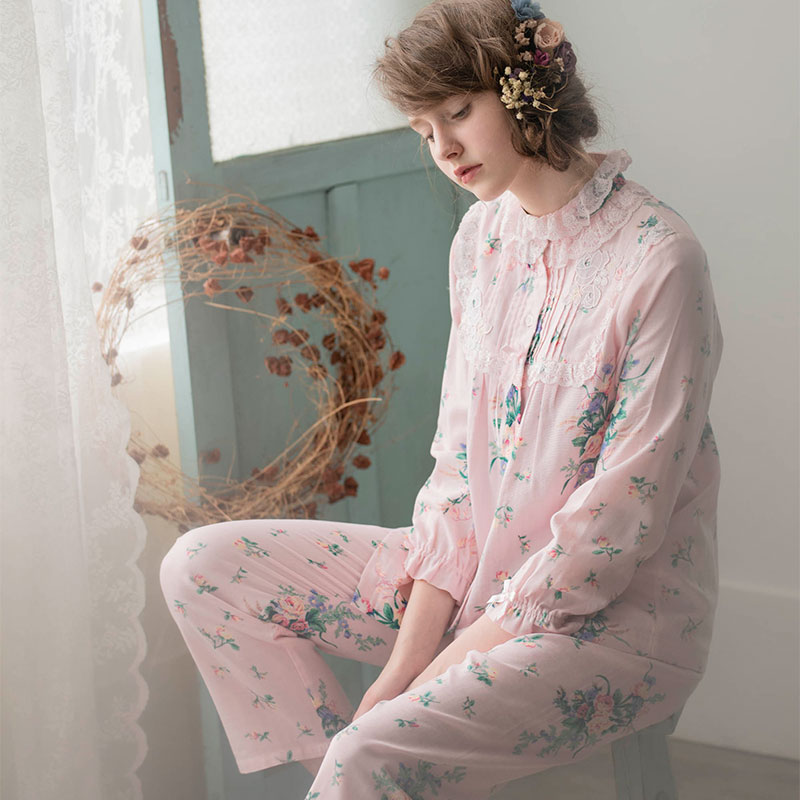 罗丝美专柜正品秋冬新品10249直贡棉印花长袖衣裤套家居服睡衣女