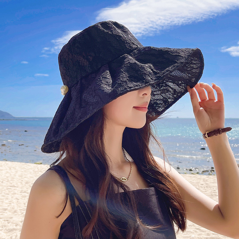 日系蕾丝花朵渔夫帽女夏季薄款帽子遮阳防晒帽遮脸时尚洋气太阳帽