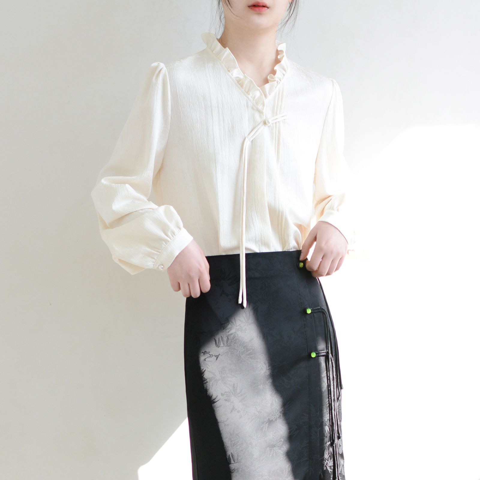 TRR Style法式名媛国风立领荷叶边白衬衫女 小衬衣新中式减龄上衣