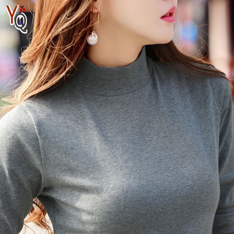 莫代尔纯棉打底衫女半高领长袖t恤秋冬新款修身纯色衫女装秋衣