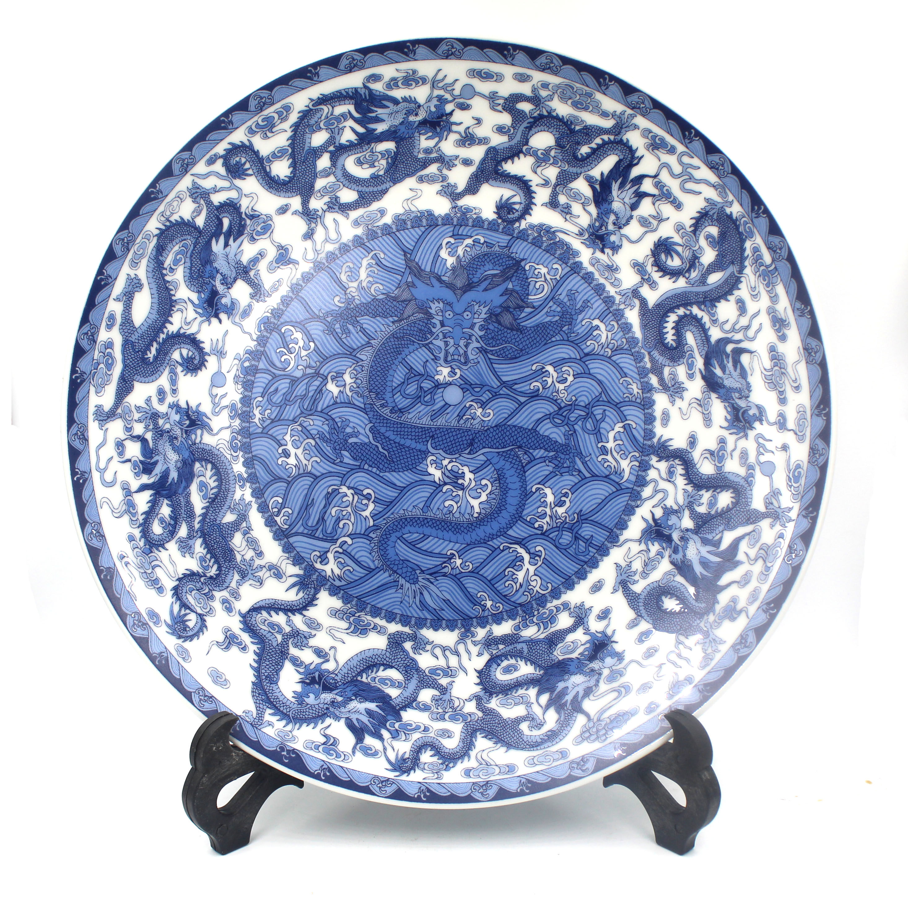 景德镇中式青花九龙陶瓷盘家居装饰办公摆件收藏仿古挂盘风水纳福