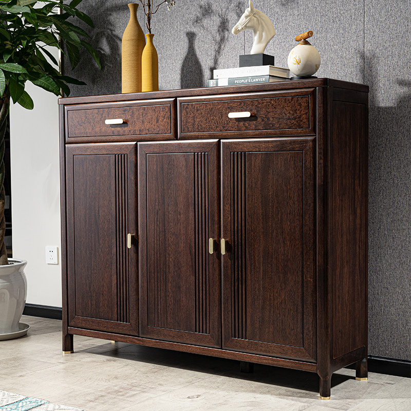 新中式鞋柜乌金檀木玄关轻奢大容量收纳家用门口全实木三门鞋柜