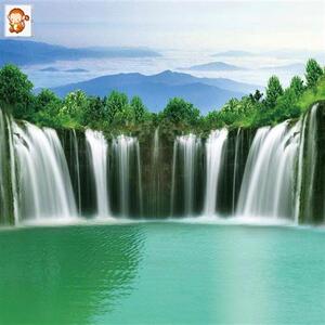 定制中式山水瀑布风水画流水生财墙贴客厅壁纸带背胶自粘贴画