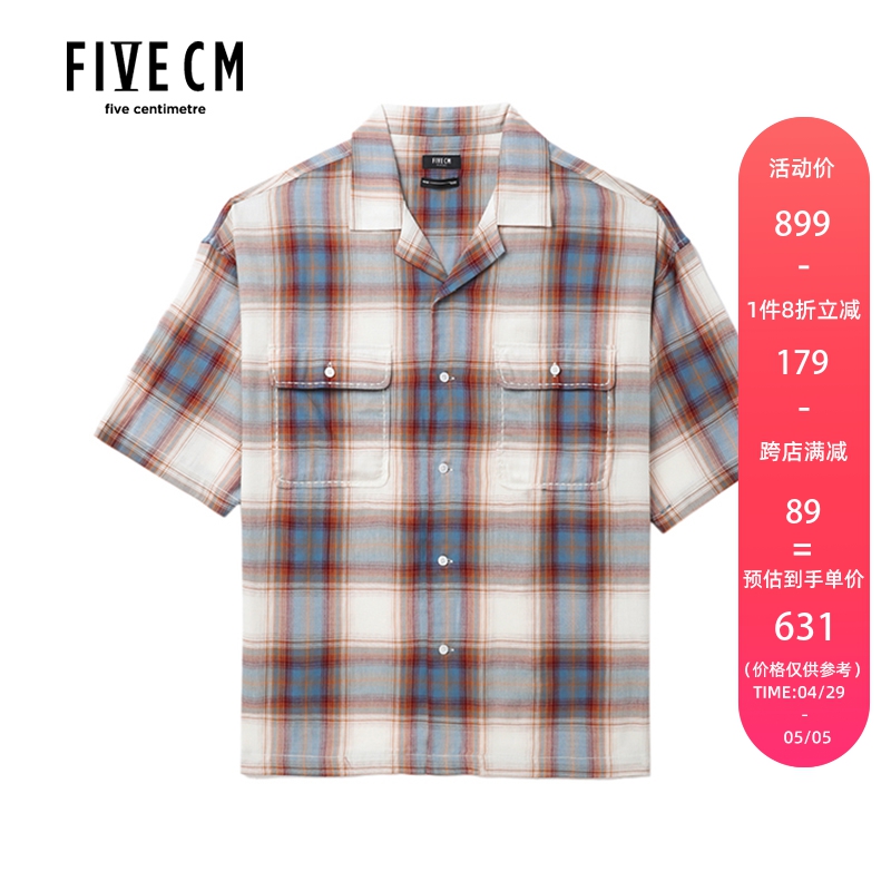 5cm/FIVECM男装格纹短袖衬衫2024夏季新款复古型男上衣8300S4M