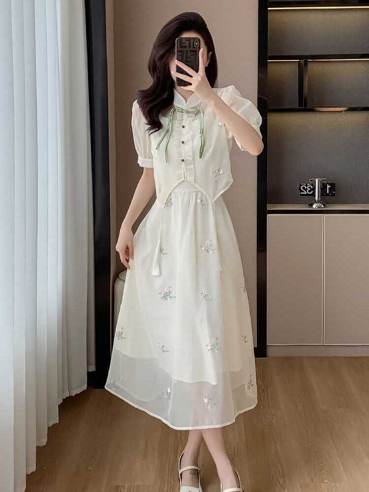 2024新中式改良旗袍国风短袖连衣裙两件套女夏季汉服设计感裙子潮