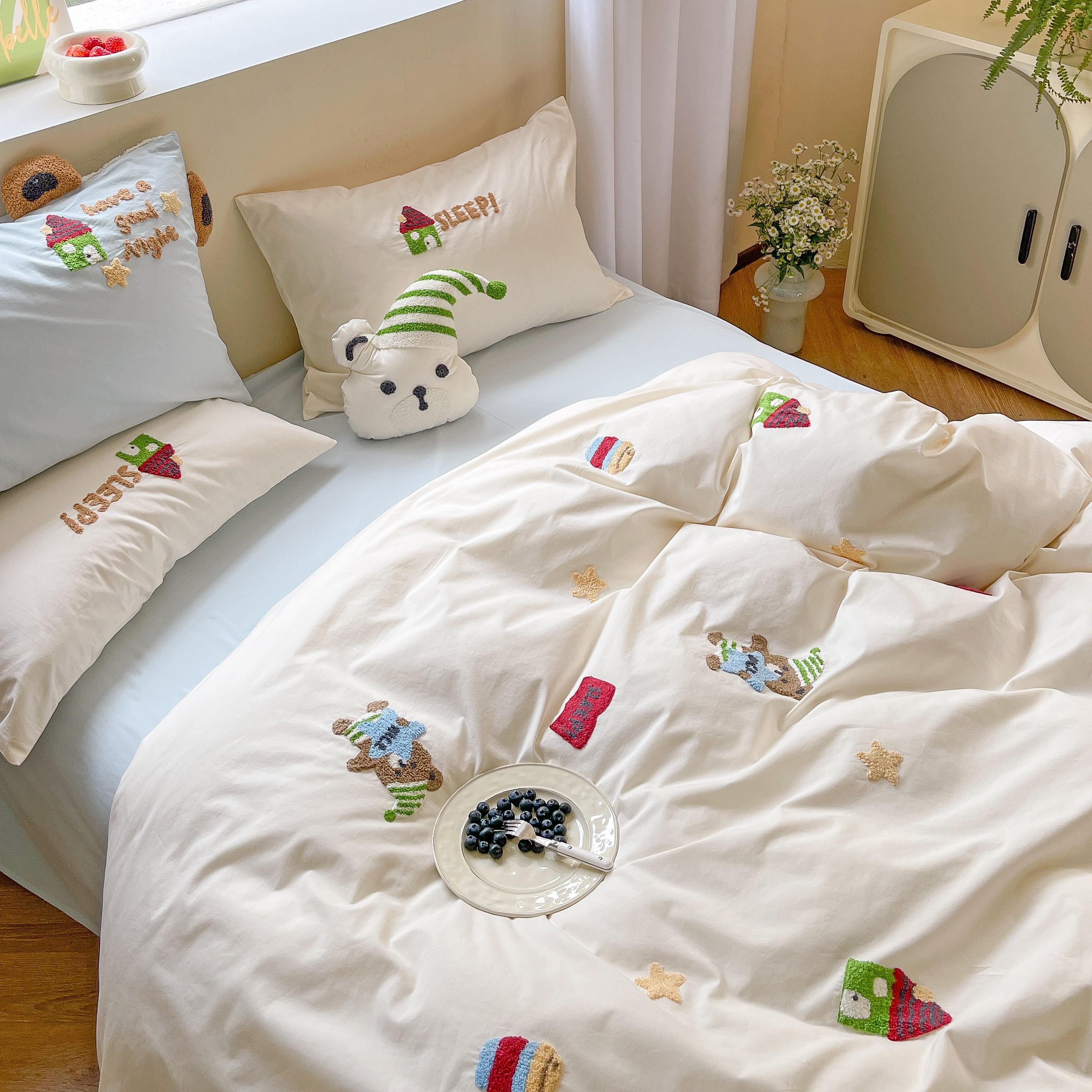 晚安猫A类卡通毛巾绣全棉床上四件套纯棉被套水洗棉床品床单床笠