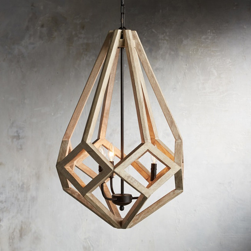 美式乡村复古实木几何灯笼木艺吊灯创意客厅餐厅灯具民宿服装店
