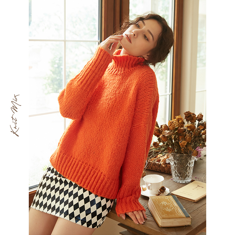 Knit Mix法式慵懒毛衣女2023年秋冬新款加厚外穿半高领宽松针织衫